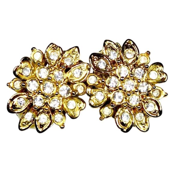 Unbranded Jewelry - 1960s-70s Gold-Tone Floral Rhinestone Clip-On Earrings Statement Jewelry
